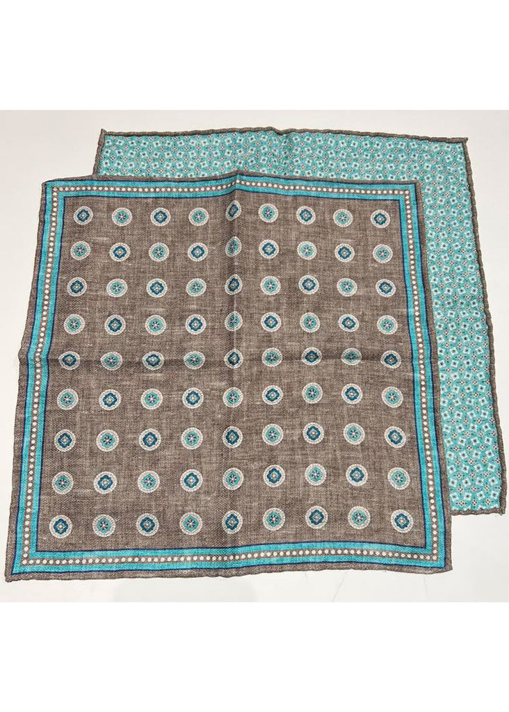 Edward Armah Medallion and Mini Neat Print Reversible Silk Pocket Square | Taupe - Jordan Lash Charleston