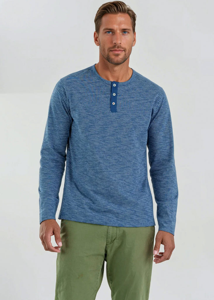 Stone Rose Long Sleeve Solid 3 Button Henley | Denim Blue - Jordan Lash Charleston