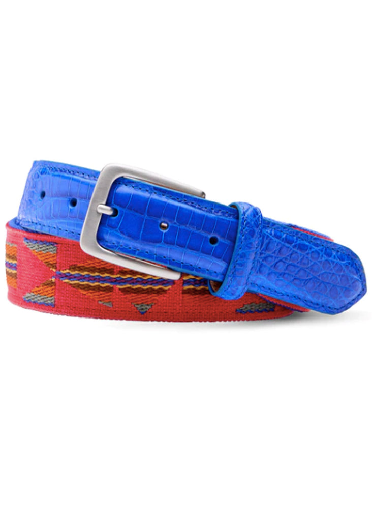 W. Kleinberg 1 1/2" Aztec w/ Crocodile Long Tabs Belt | Red and Electric Blue - Jordan Lash Charleston
