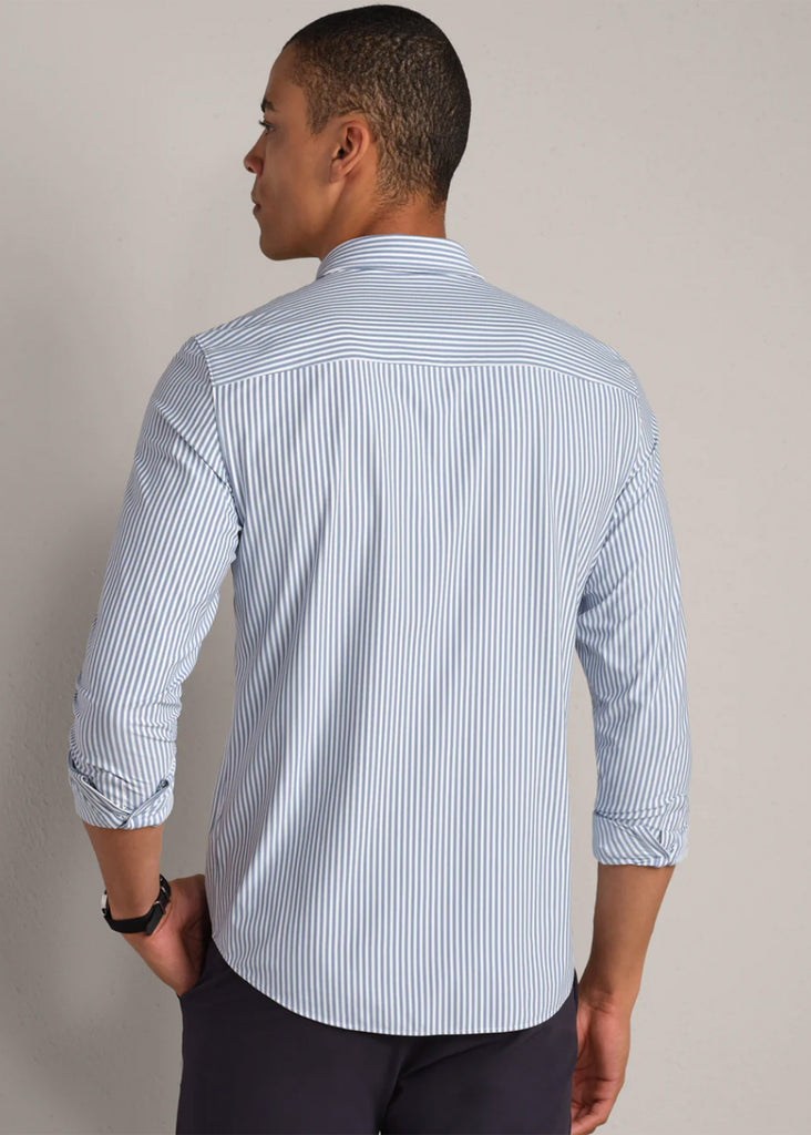 Rhone Commuter Shirt Slim Fit | Dark Blue Wide Stripe - Jordan Lash Charleston