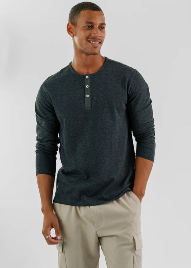 Stone Rose Long Sleeve Solid 3 Button Henley | Charcoal - Jordan Lash Charleston