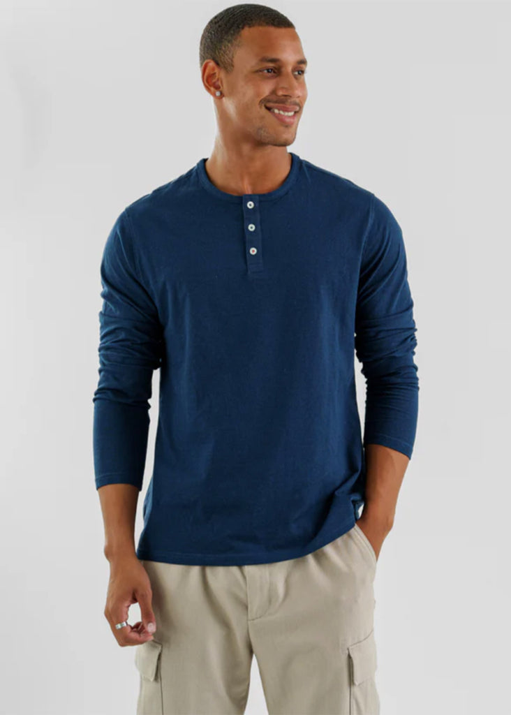 Stone Rose Long Sleeve Solid 3 Button Henley | Navy - Jordan Lash Charleston