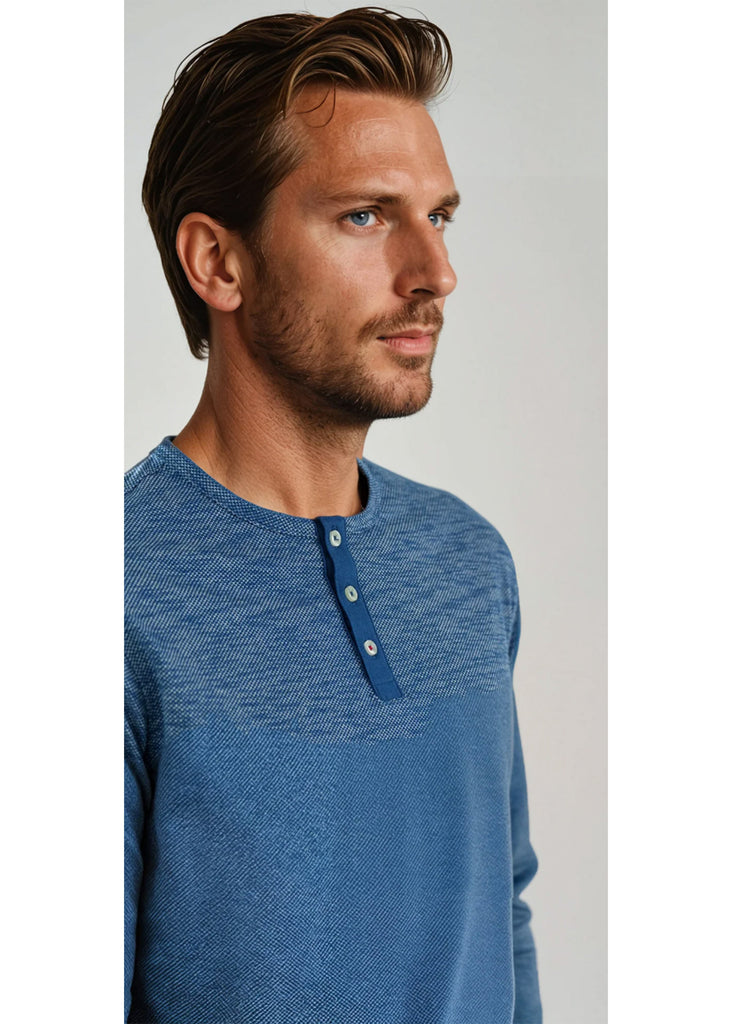 Stone Rose Long Sleeve Solid 3 Button Henley | Denim Blue - Jordan Lash Charleston