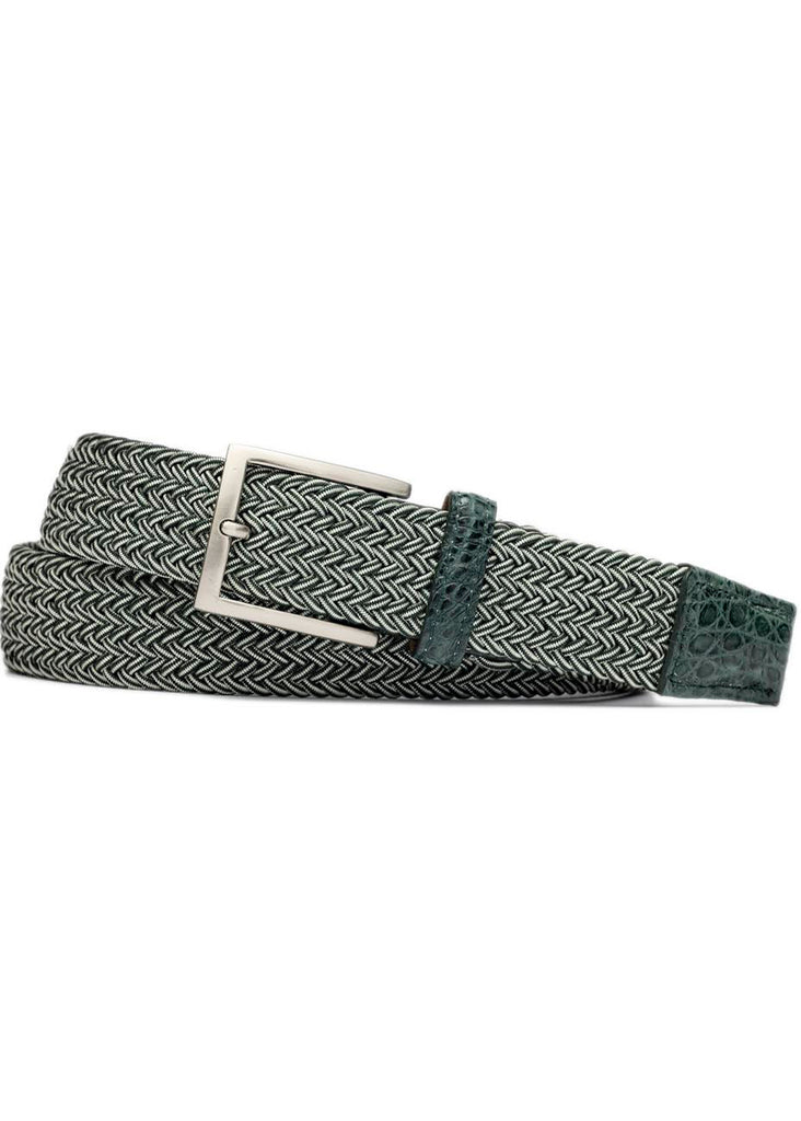 W. Kleinberg 1 3/8" Stretch Belt w/ Matte Caiman Croc Short Tabs | Green Stripe - Jordan Lash Charleston