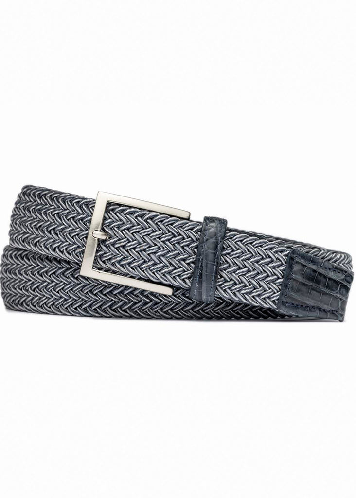 W. Kleinberg 1 3/8" Stretch Belt w/ Matte Caiman Croc Short Tabs | Blue Stripe - Jordan Lash Charleston