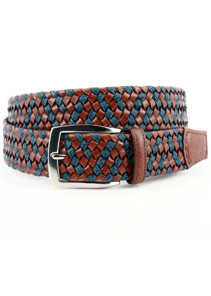 Torino 35mm Italian Braided Leather and Linen Elastic Belt | Cognac and Navy - Jordan Lash Charleston