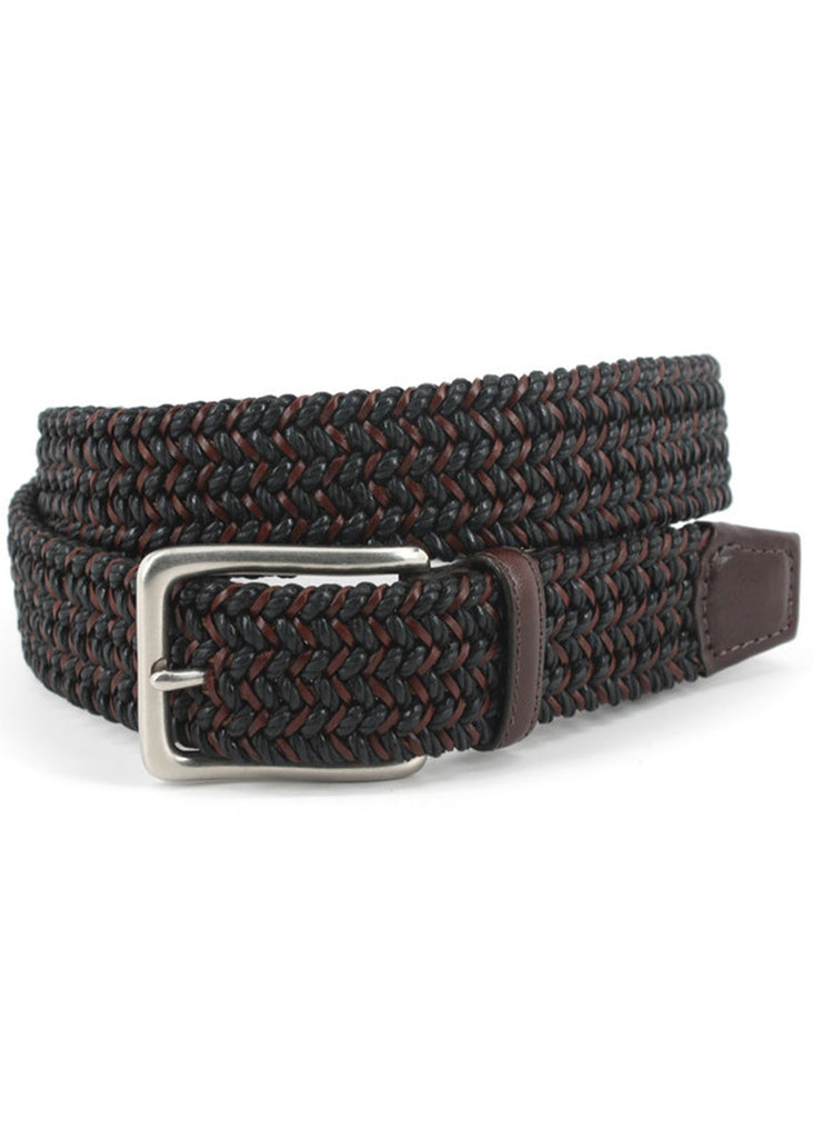 Torino 35mm Italian Woven Cotton and Leather Elastic Belt | Black and Brown - Jordan Lash Charleston