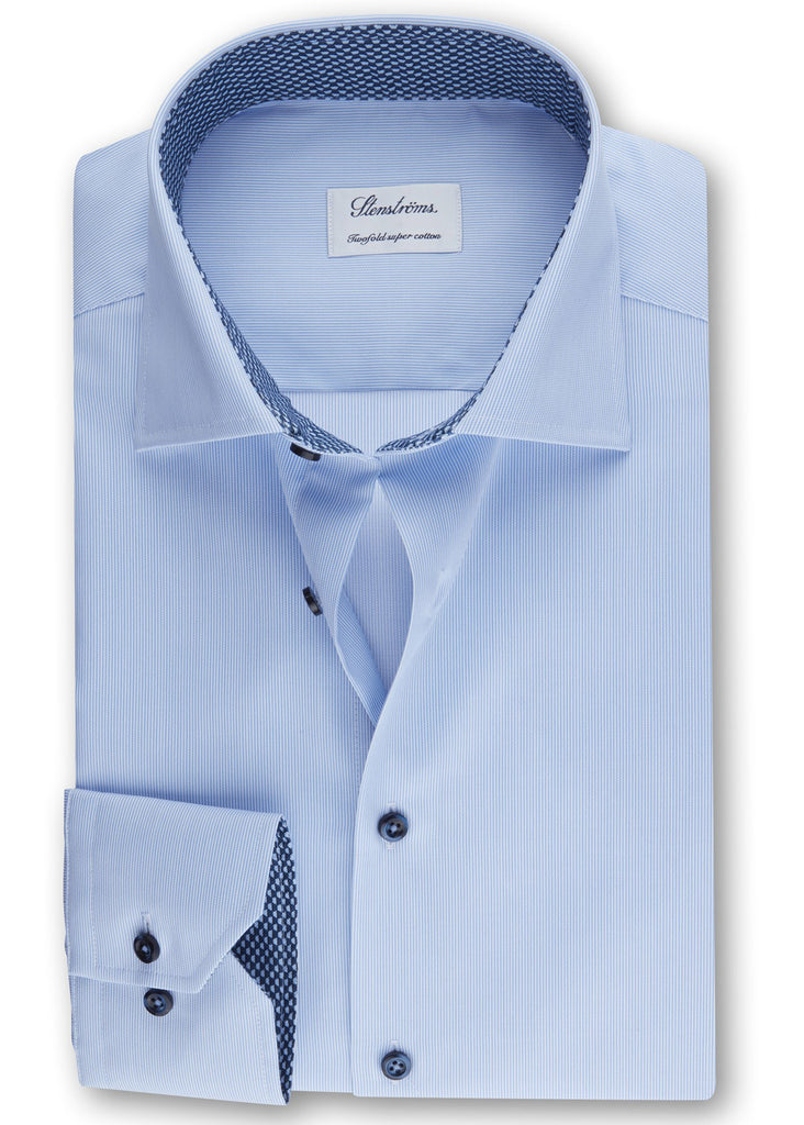 Stenstroms Fitted Body Shirt | Casual Light Blue Striped w/ Contrast - Jordan Lash Charleston
