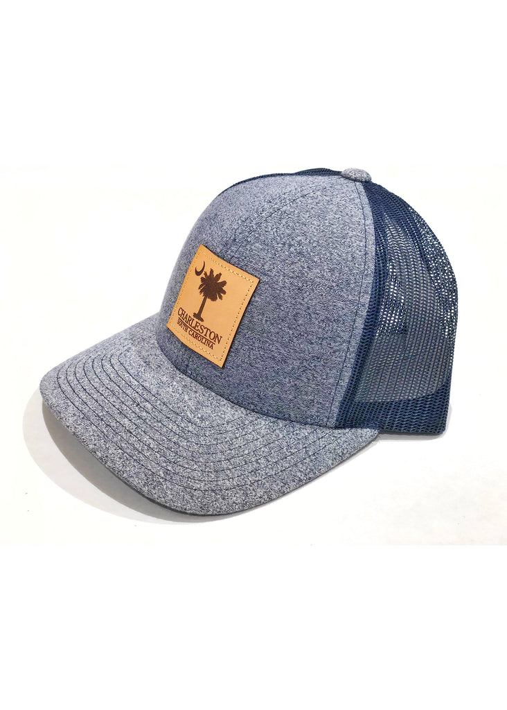 Trucker Hat with Palmetto and Crescent Moon Leather Patch | Navy Heather / Navy - Jordan Lash Charleston